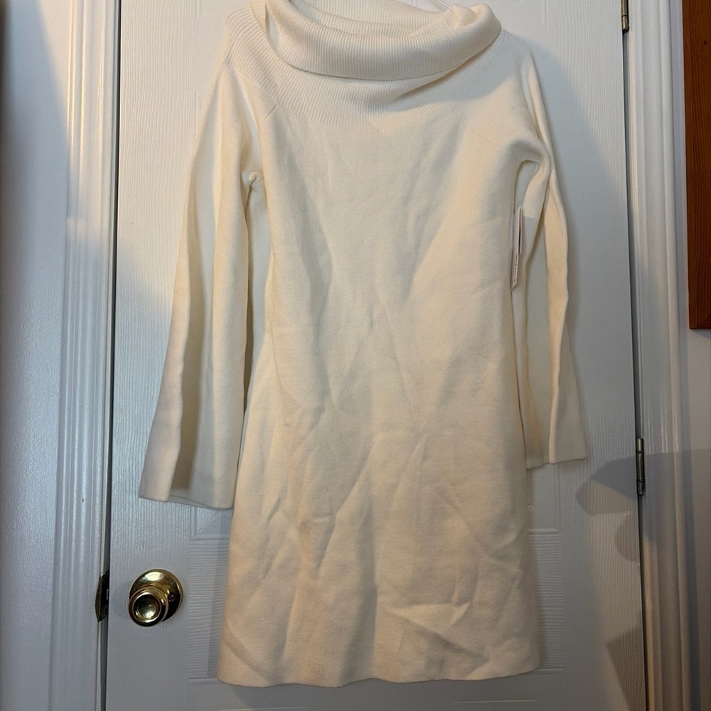 Just Fab Womens XL Sweater Tunic Top Cowl Neck Ivory Ribbed Knit